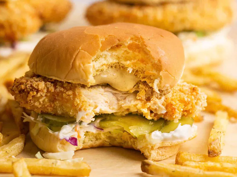 Crispy chicken sandwich with pickles at Blue Ocean Basket, a Fast-Food Restaurant in Hamden