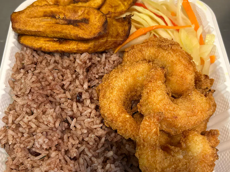 Fried shrimp combo with rice & plantains at Blue Ocean Basket, a Fast-Food Restaurant in Hamden